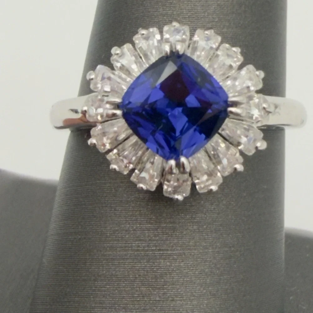 Vtg Saphire Halo Ring İLU 925 Sterling Silver Clear CZ 8.25